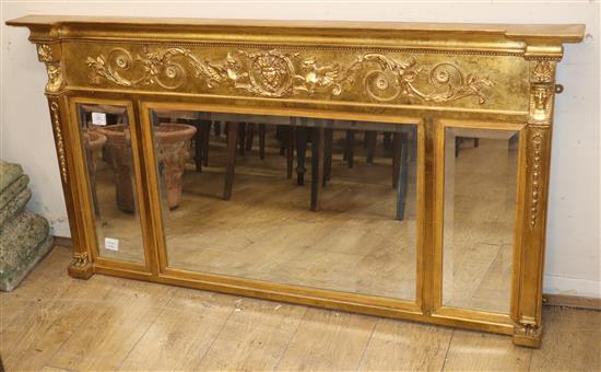 A Regency style gilt gesso triple plated overmantel W.142cm
